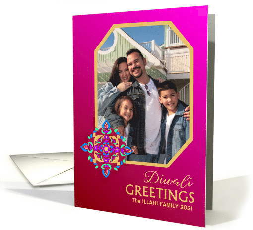Custom Diwali Greetings Photo Upload with Rangoli Pattern card