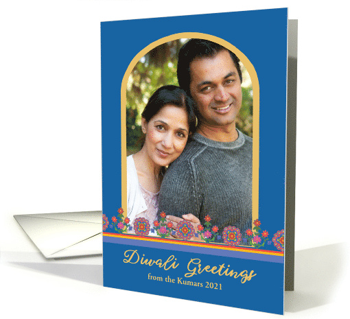 Custom Photo Diwali Greetings with Rangoli Patterns on Blue card