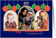 Custom Name Christmas 3 Photos Upload with Baubles card