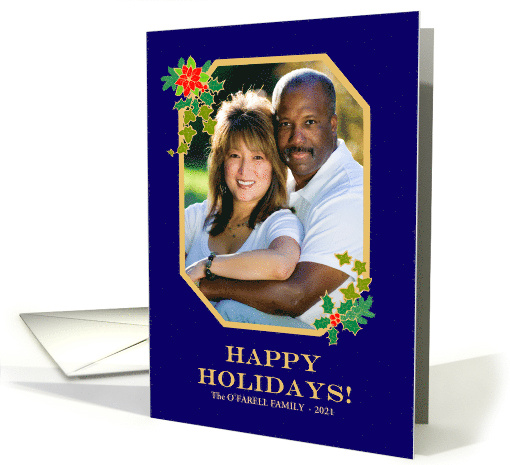 Custom Name Christmas Photo Upload with Poinsettias and Holly card