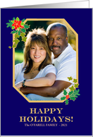 Custom Name Christmas Photo Upload with Poinsettias and Holly card