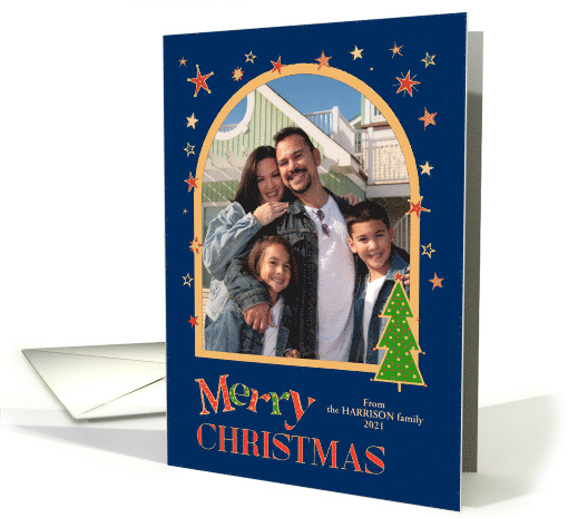 Custom Name Christmas Photo Upload with Christmas Tree and Stars card