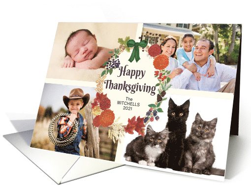 Custom Name Thanksgiving 4 Photos Upload with Fall Wreath card