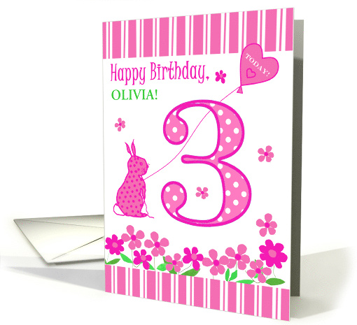 Customized Name 3rd Birthday with Pink Bunny and Flowers card