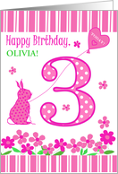 Customized Name 3rd Birthday with Pink Bunny and Flowers card
