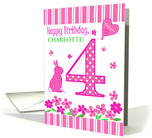 Customized Name 4th Birthday with Pink Bunny and Flowers card
