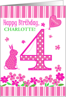 Customized Name 4th Birthday with Pink Bunny and Flowers card