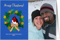 Custom Name Christmas Photo Upload with Cheeky Robin card