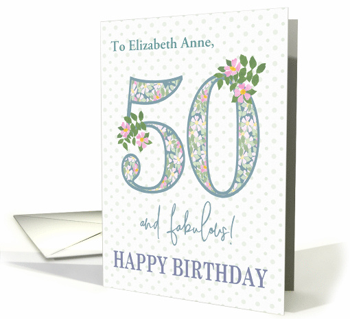 Custom Name 50th Birthday for Her with Floral Patterns and Polkas card