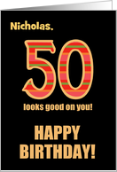 Customized Name 50th Birthday for Him Bright Colours on Black card