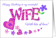 For Wife’s Birthday Word Art with Romantic Hearts Flowers card