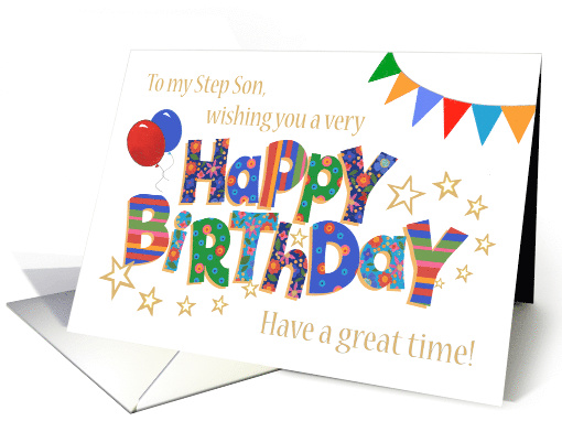 Step Son's Birthday with Balloons Bunting Stars and Word Art card