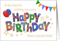 Step Son’s Birthday with Balloons Bunting Stars and Word Art card