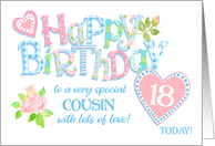 For Cousin 18th Birthday with Roses Hearts and Word Art card
