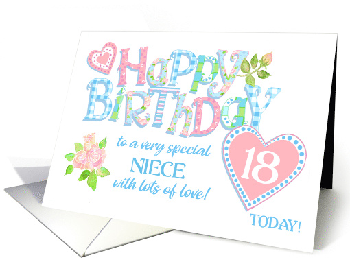 For Niece's 18th Birthday with Roses Hearts and Word Art card