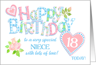 For Niece’s 18th Birthday with Roses Hearts and Word Art card