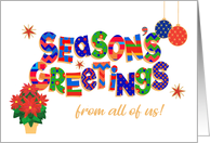 Season’s Greetings From All of Us with Poinsettia Baubles and Stars card