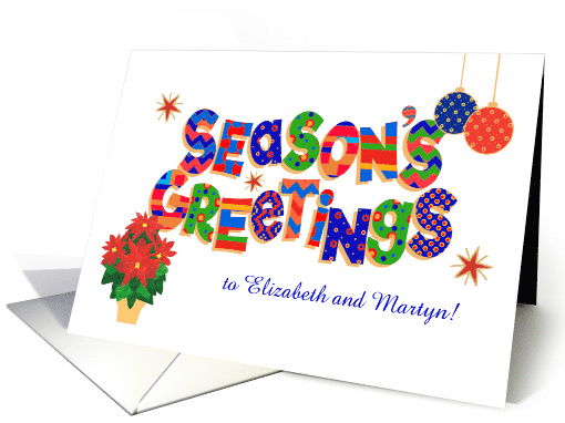 Custom Front Season's Greetings with Poinsettia Baubles and Stars card