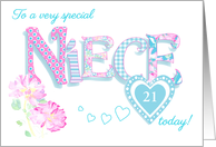 Custom Age for Niece’s Birthday Word Art with Roses and Hearts card