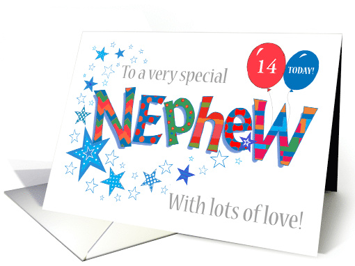 Custom Age Nephew's Birthday with Balloons Stars and Word Art card