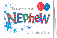 Custom Age Nephew’s Birthday with Balloons Stars and Word Art card