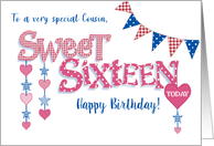For Cousin 16th Birthday with Hearts Stars and Word Art card