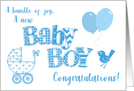 Baby Boy Congratulations with Word Art Balloons Vintage Pram card