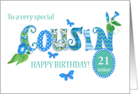 Custom Age Cousin’s Birthday Word Art with Flowers and Butterflies card