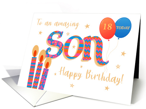 Custom Age Son's Birthday with Word Art Candles and Balloons card