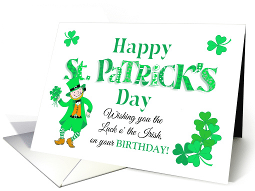 Birthday on St Patrick's Day Leprechaun Shamrocks and Word Art card