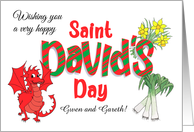 Custom Name St David’s Day with Dragon, Welsh Symbols and Word Art card
