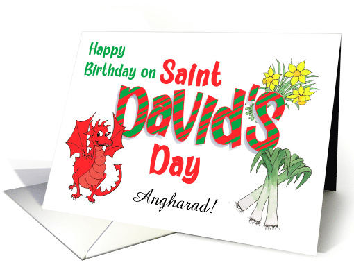 Custom Name Birthday on St David's Day with Dragon Welsh Symbols card