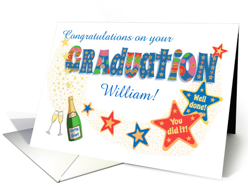 Custom Name Graduation Congratulations with Stars and Champagne card