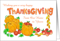 Thanksgiving Greetings Our House to Yours Pumpkins Apples Fall Leaves card