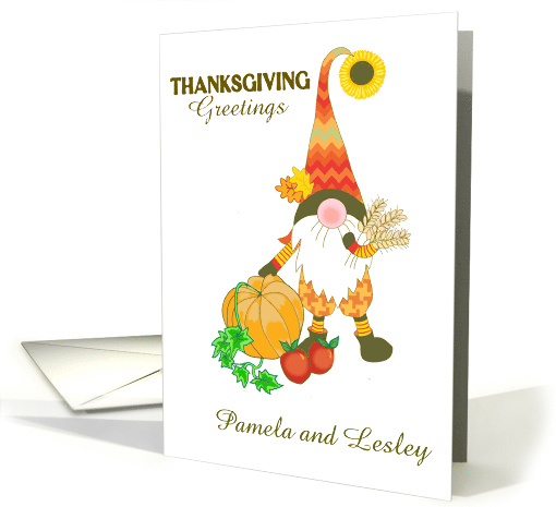 Custom Name Thanksgiving Greeting with Cute Gnome with Pumpkin card