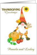 Custom Name Thanksgiving Greeting with Cute Gnome with Pumpkin card