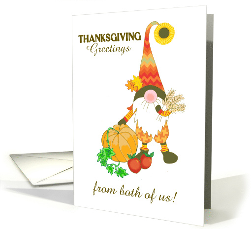 Thanksgiving Greeting from Both of Us with Cute Gnome and Pumpkin card