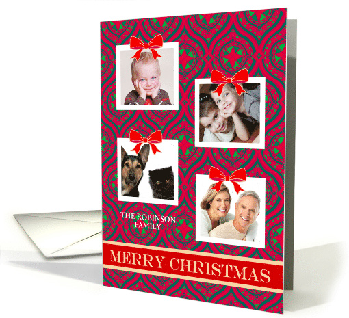 Christmas Four Photos Upload Red and Green Pattern and Bows card
