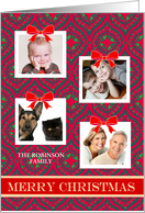 Christmas Four Photos Upload Red and Green Pattern and Bows card