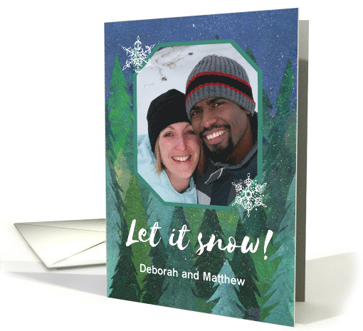 Christmas Custom Photo Upload with Snowy Forest and Snowflakes card