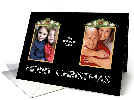 Christmas Two Photos Upload with Christmas Roses Art Deco Style card