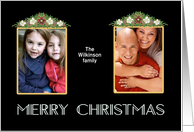 Christmas Two Photos Upload with Christmas Roses Art Deco Style card