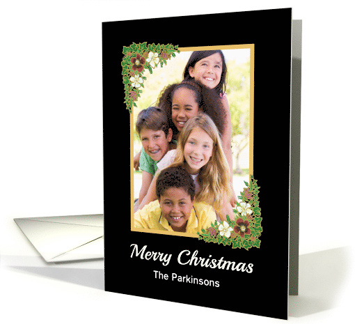 Christmas Custom Name Photo Upload with Christmas Roses on Black card