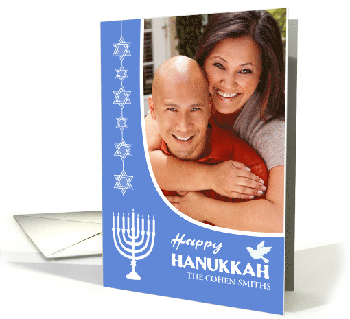 Hanukkah Photo Upload Menorah Dove Star of David on Blue card