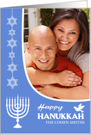 Hanukkah Photo Upload Menorah Dove Star of David on Blue card