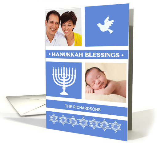 Hanukkah Two Photos Upload Menorah Dove and Star of David card