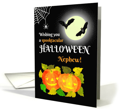 For Nephew Halloween with Bats Pumpkins and Spider's Web card