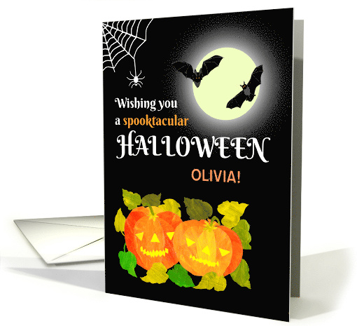 Custom Name Halloween with Bats Pumpkins and Spider's Web card