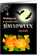 Custom Name Halloween with Bats Pumpkins and Spider’s Web card