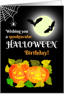 Halloween Birthday with Bats Pumpkins and Spider Hanging from Web card